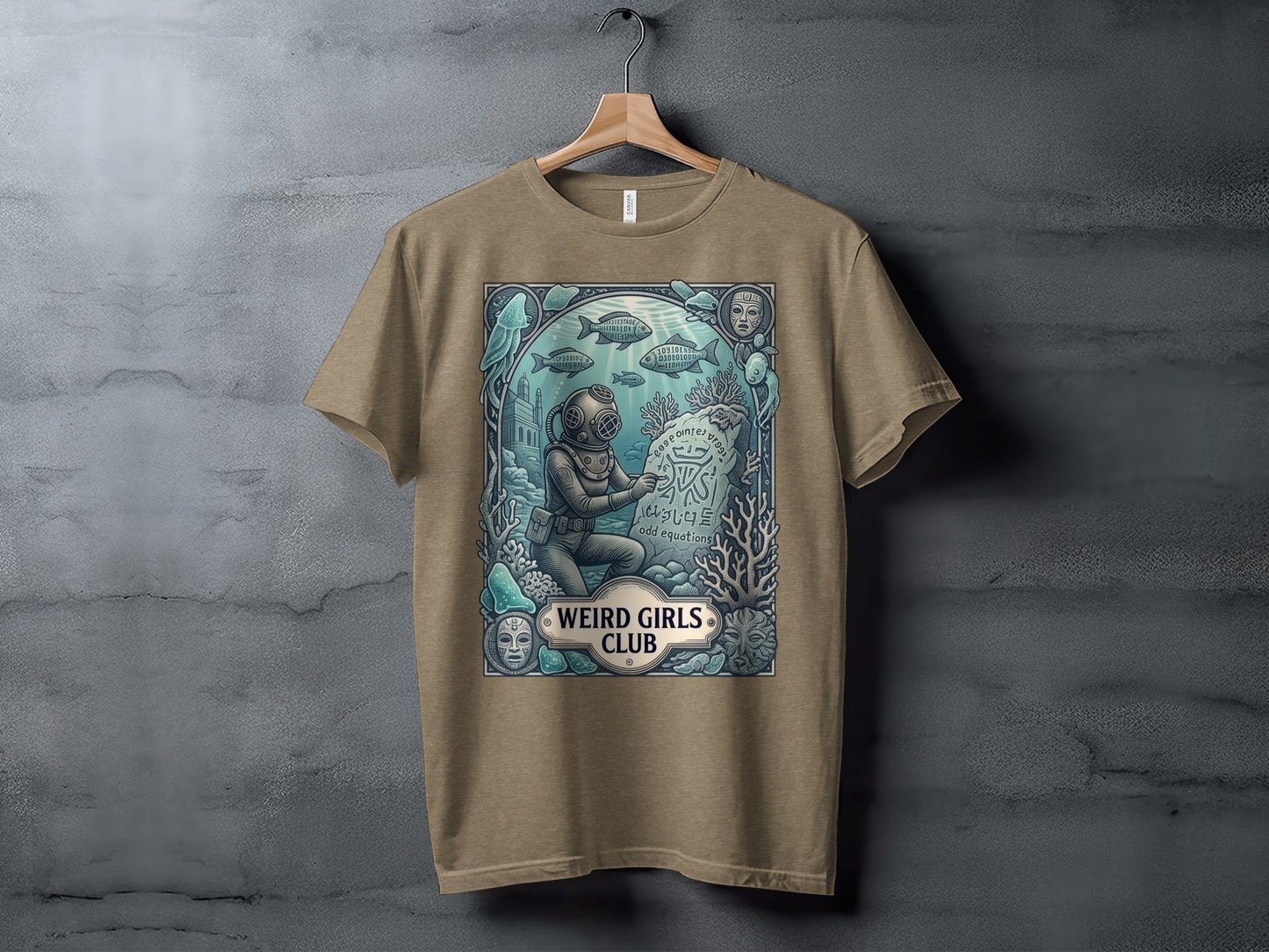 T-shirt with diver exploring coral reef and text "WEIRD GIRLS CLUB odd equations".