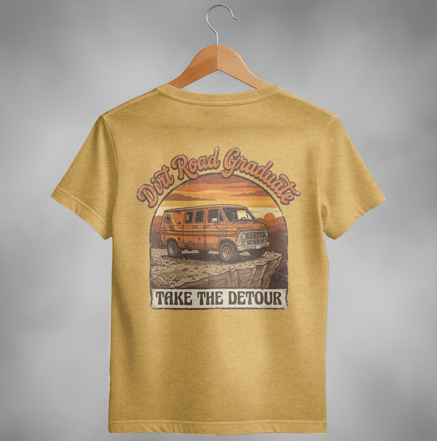 T-shirt with orange van graphic, "Dirt Road Graduate" and "Take The Detour" text.