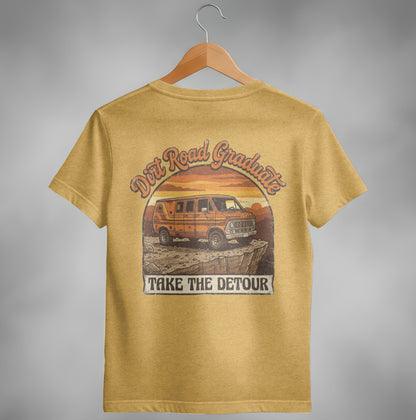 T-shirt with orange van graphic, "Dirt Road Graduate" and "Take The Detour" text.