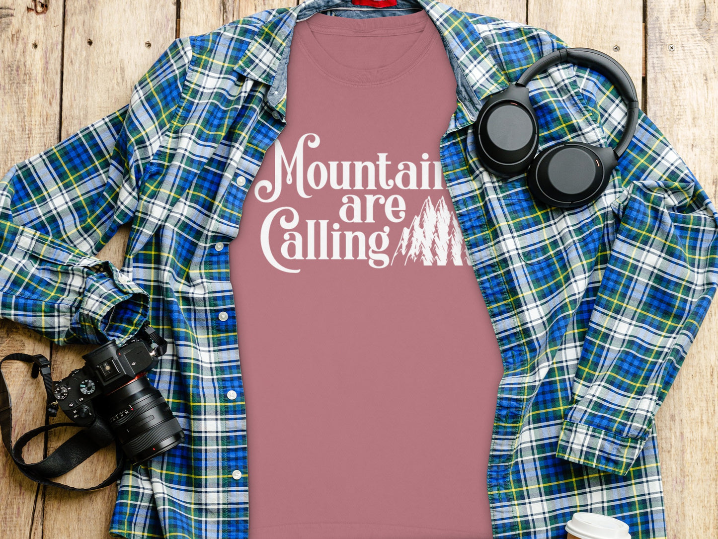 Mountain Are Calling Text on Pink T-Shirt Product