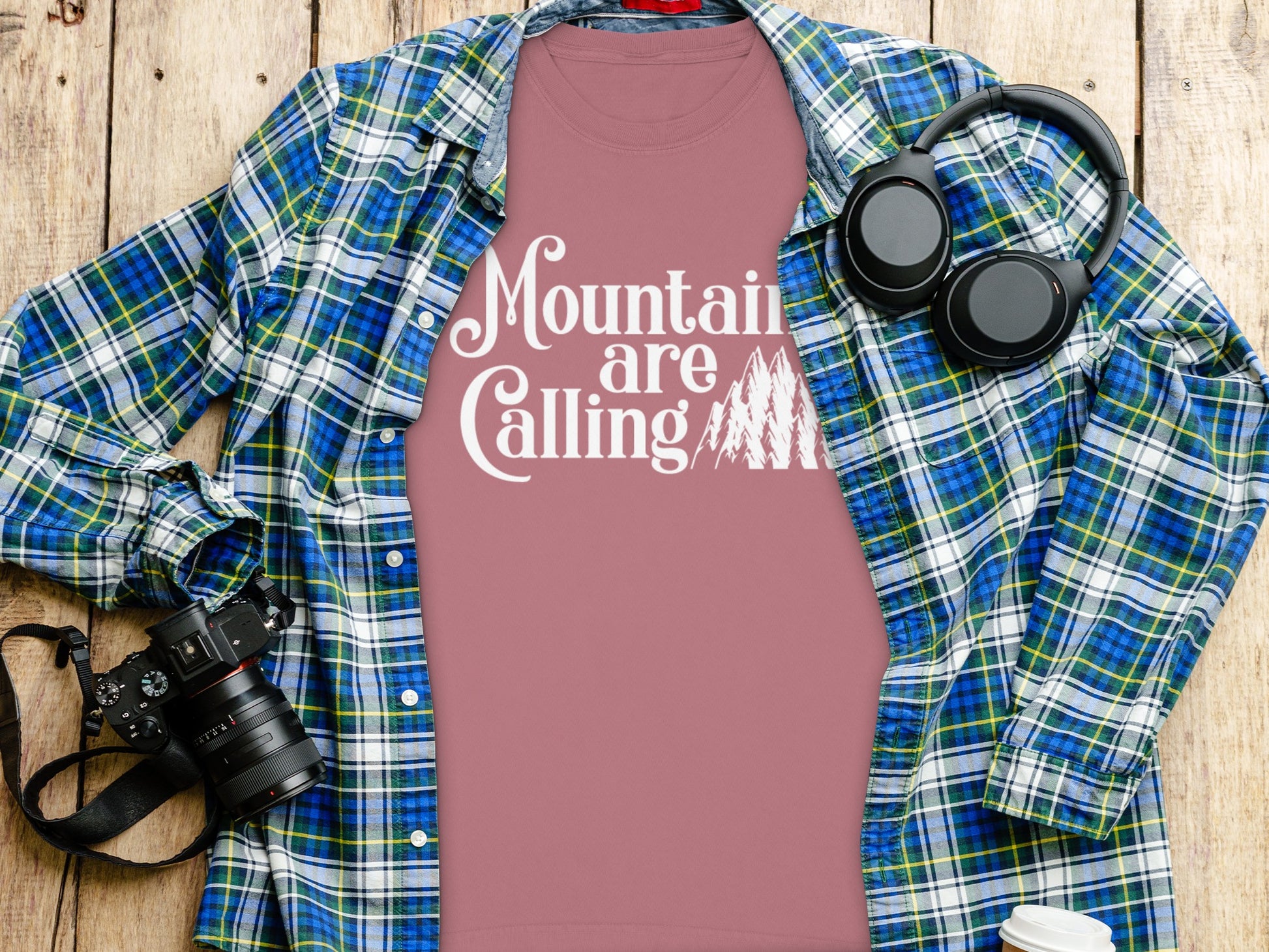 Mountain Are Calling Text on Pink T-Shirt Product
