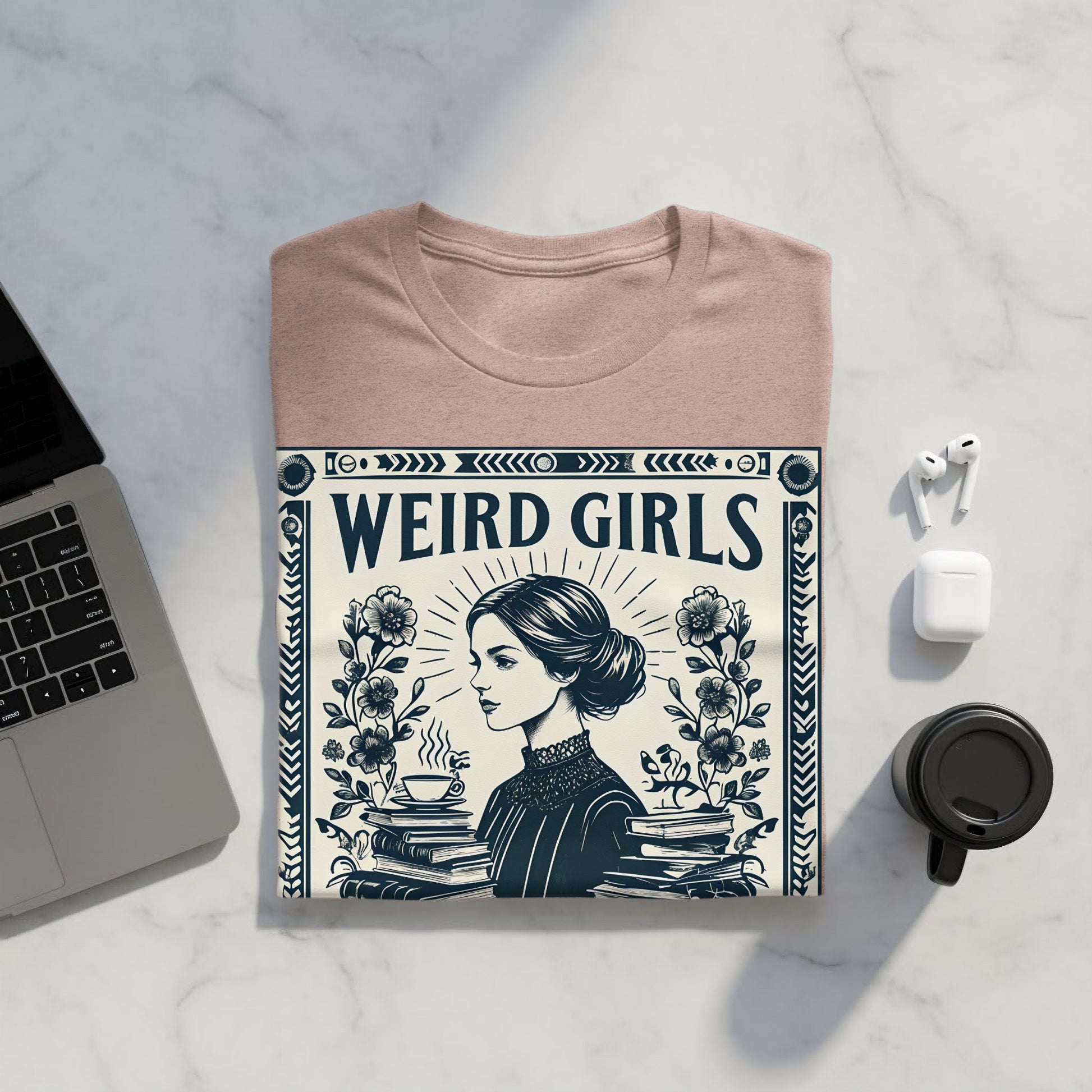 T-shirt featuring "Weird Girls" text and a woman with books and coffee.