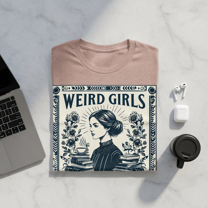 T-shirt featuring "Weird Girls" text and a woman with books and coffee.