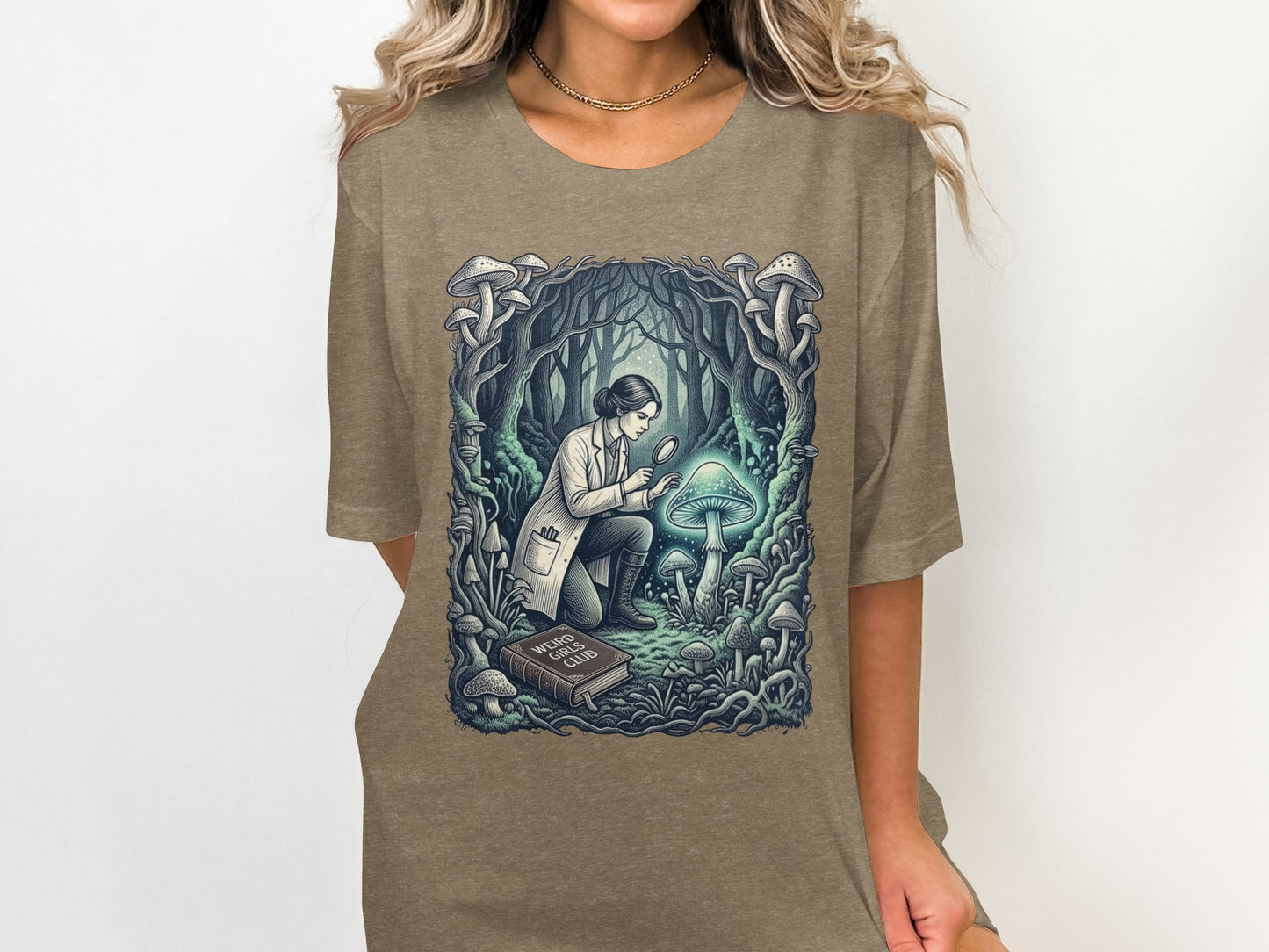 Woman in lab coat examines glowing mushroom with magnifying glass in enchanted forest.