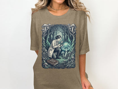 Woman in lab coat examines glowing mushroom with magnifying glass in enchanted forest.