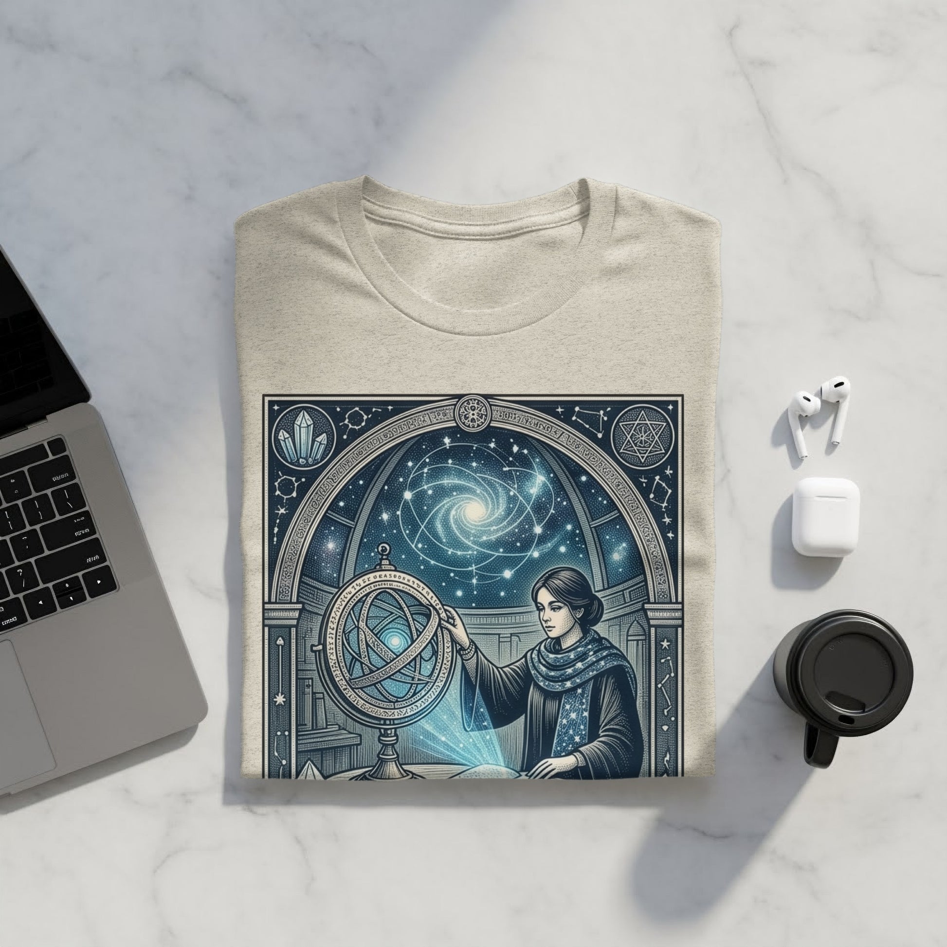 T-shirt graphic of woman with celestial globe and starry sky.