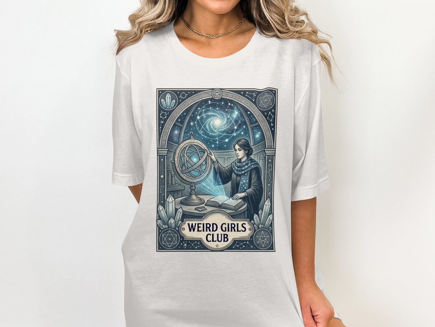 Woman in celestial observatory with globe and crystals, "Weird Girls Club" text.