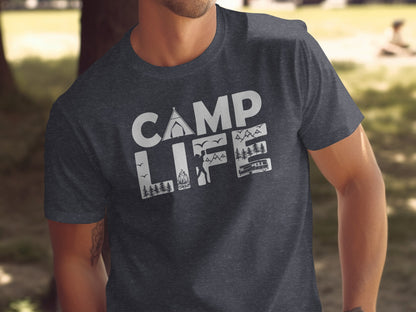 Camp Life Illustration with Tent and Fire Design T-Shirt T-Shirt - Outdoor & Adventure Collection - Mile Marker 16 Gear by Cloud 16 Clothing Co.