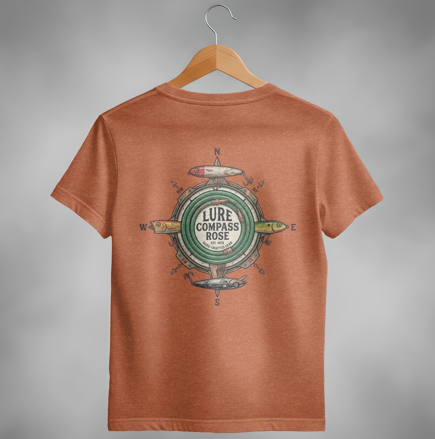 Orange t-shirt with fishing lure compass rose graphic and "Lure Compass Rose" text.