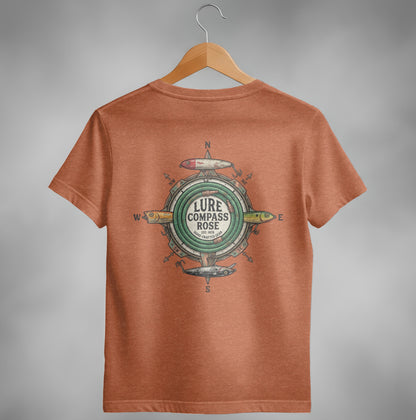 Orange t-shirt with fishing lure compass rose graphic and "Lure Compass Rose" text.