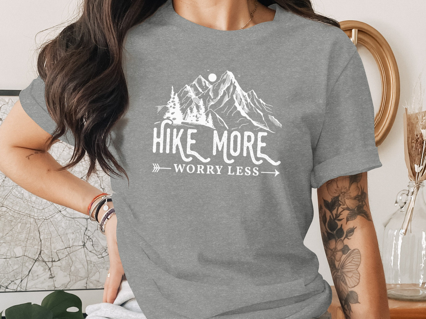 Hike More Worry Less Mountains Graphic Image T-Shirt T-Shirt - Outdoor & Adventure Collection - Mile Marker 16 Gear by Cloud 16 Clothing Co.