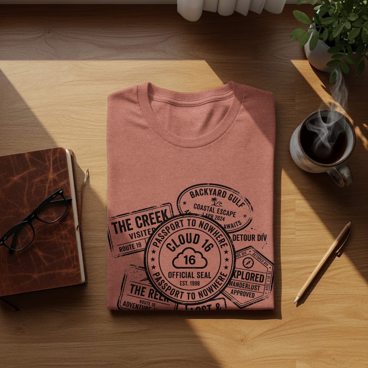 Rugged Wanderlust Passport Stamp Graphic Wilderness Shirt: Coral t-shirt with "Passport to Nowhere" graphic featuring cloud, stamps, and travel-themed text.