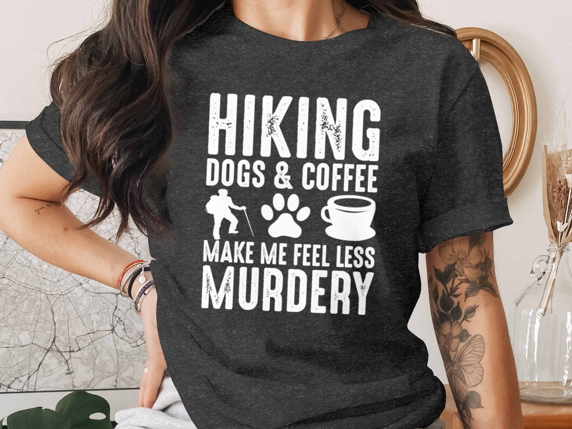 Hiking Dogs Coffee Less Murdery Funny Graphic Design T-Shirt T-Shirt - Outdoor & Adventure Collection - Mile Marker 16 Gear by Cloud 16 Clothing Co.