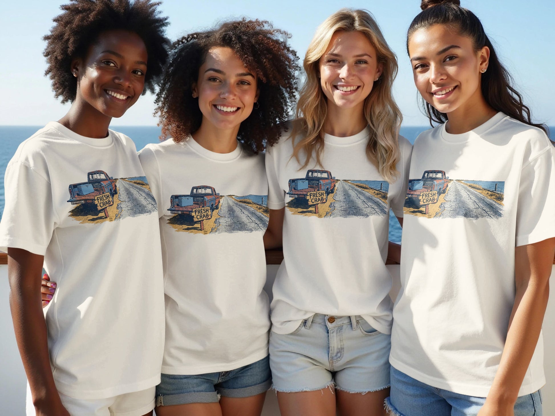 Four smiling women wear white t-shirts with a truck and "FRESH CRAB" text.