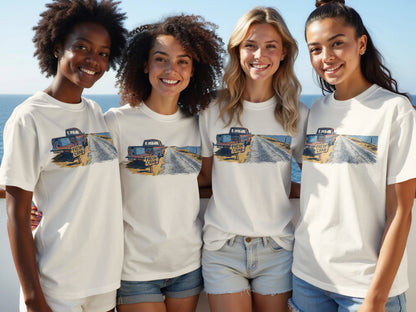 Four smiling women wear white t-shirts with a truck and "FRESH CRAB" text.