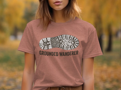 Grounded Wanderer Boot Print | Vintage Outdoor Apparel: Grounded Wanderer boot sole graphic on a dusty rose t-shirt.