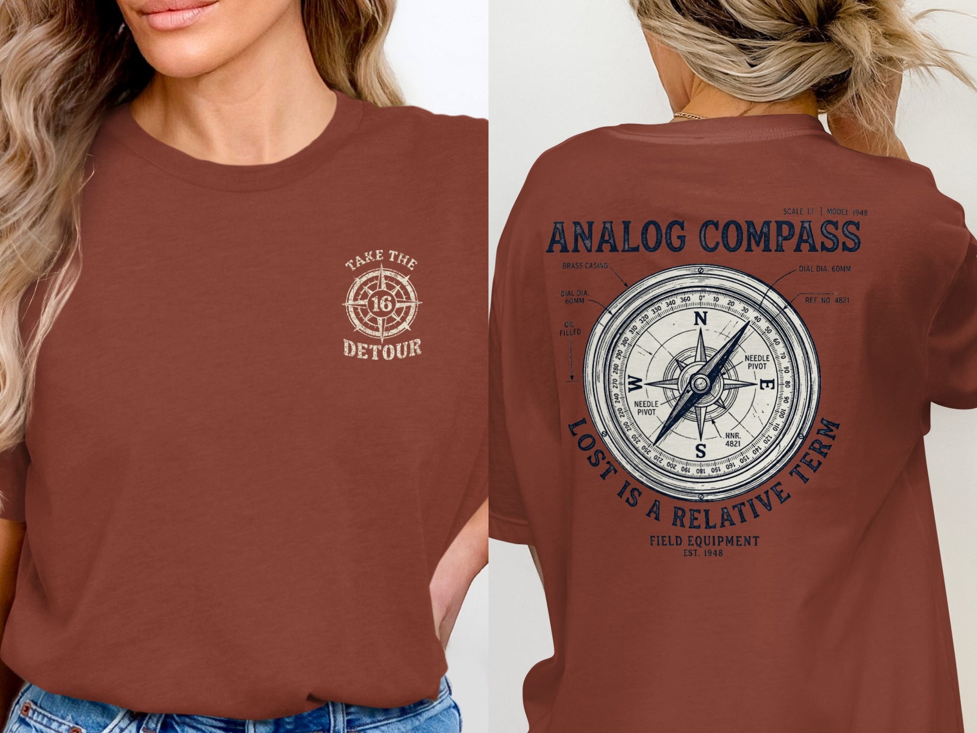 Brown t-shirt with "Take the 16 Detour" on front and "Analog Compass Lost is a Relative Term" on back.