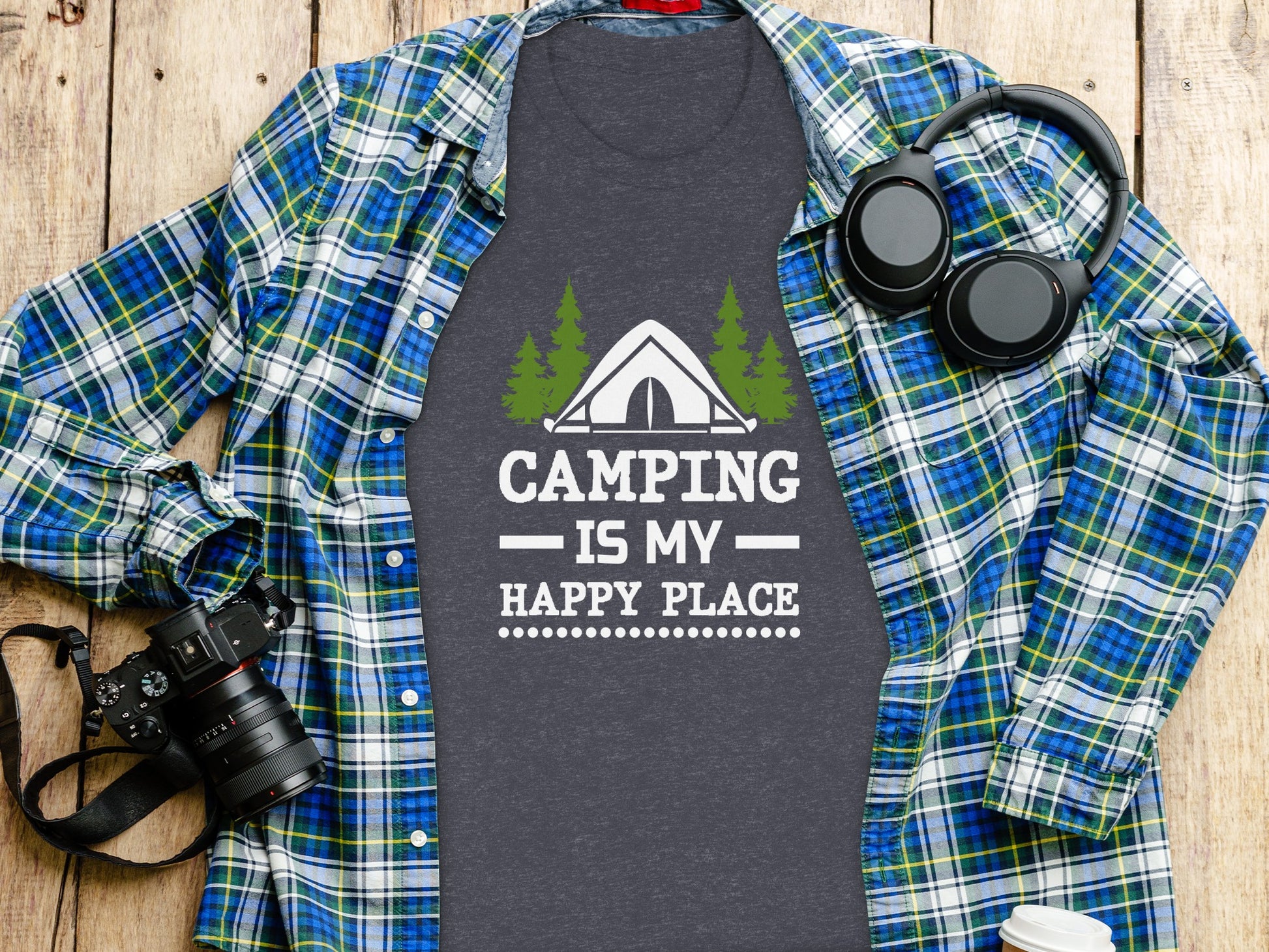 Camping Is My Happy Place Tent And Trees Graphic T-Shirt T-Shirt - Outdoor & Adventure Collection - Mile Marker 16 Gear by Cloud 16 Clothing Co.