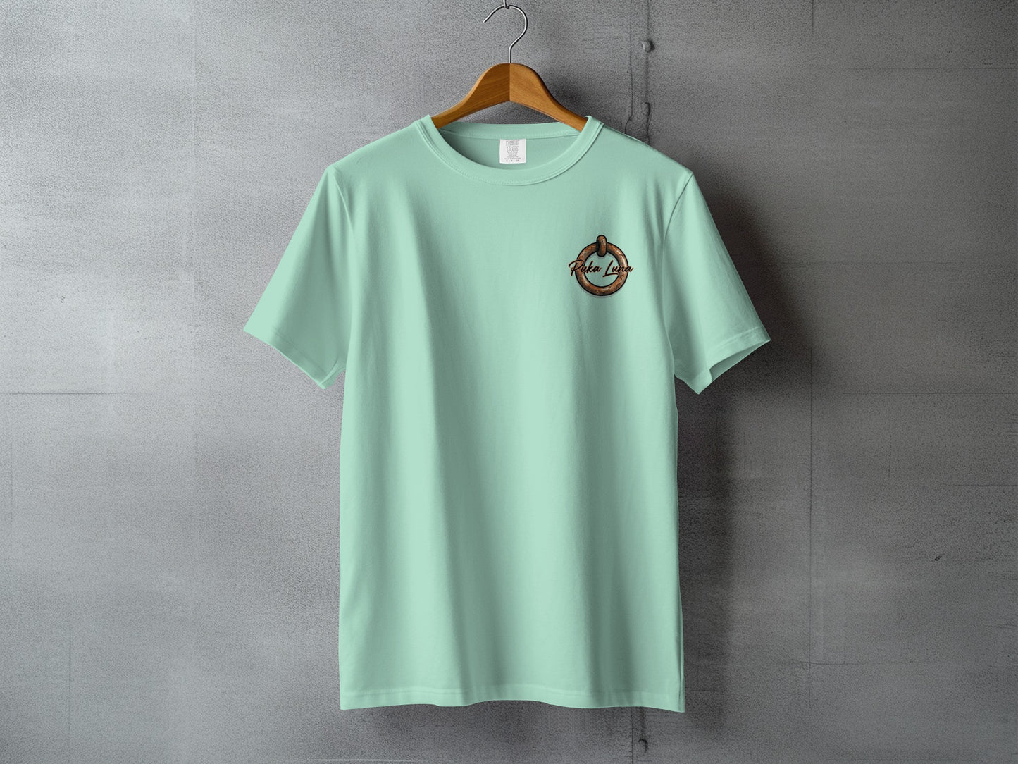 Light mint green t-shirt with "Rockstar Logo" text and circular emblem on left chest.