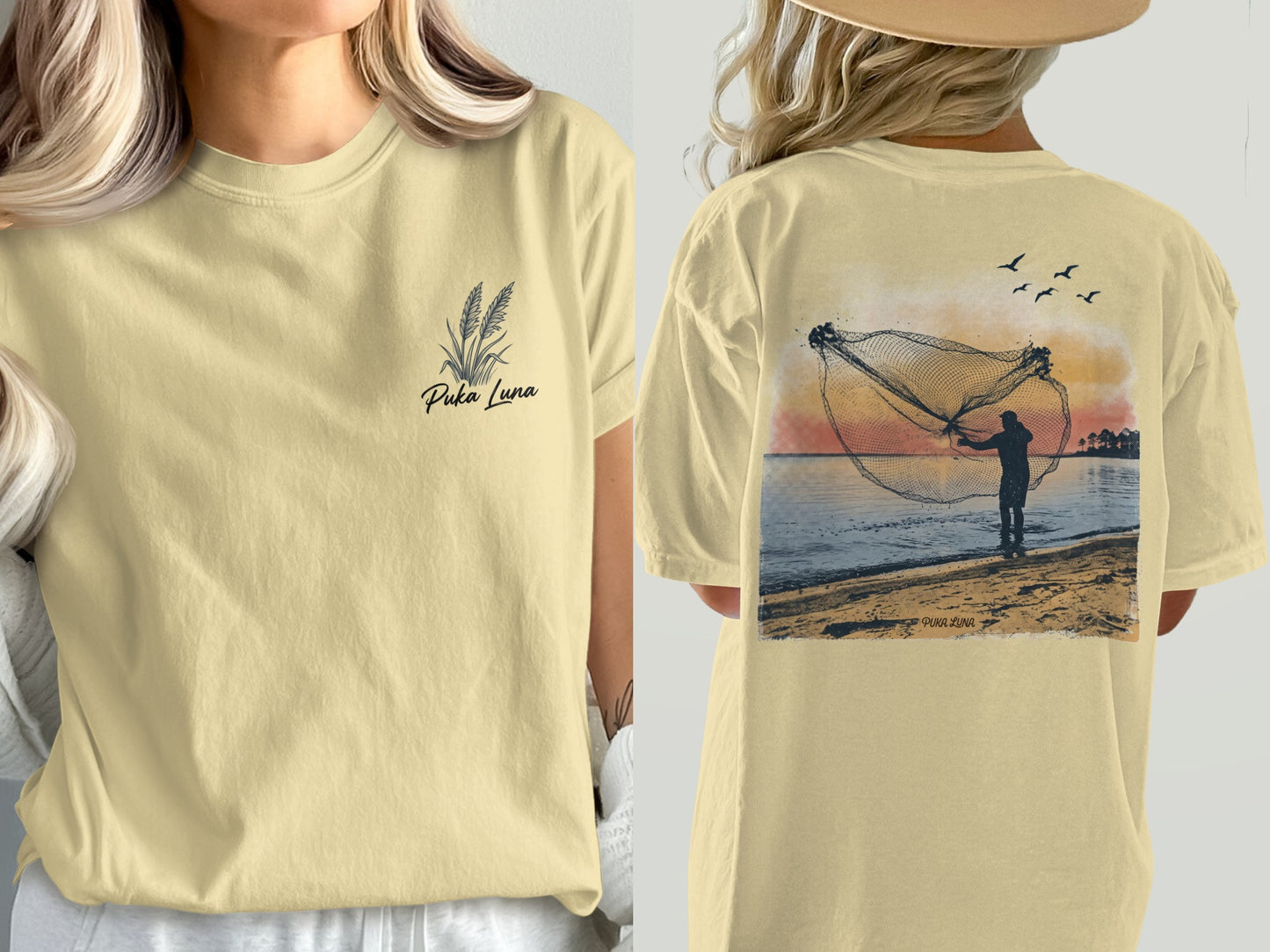 Light yellow t-shirt with a fisherman casting a net at sunset graphic on back.