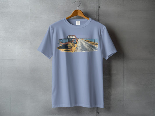 Light blue t-shirt featuring a vintage truck on a coastal road with "Fresh Crab" sign.
