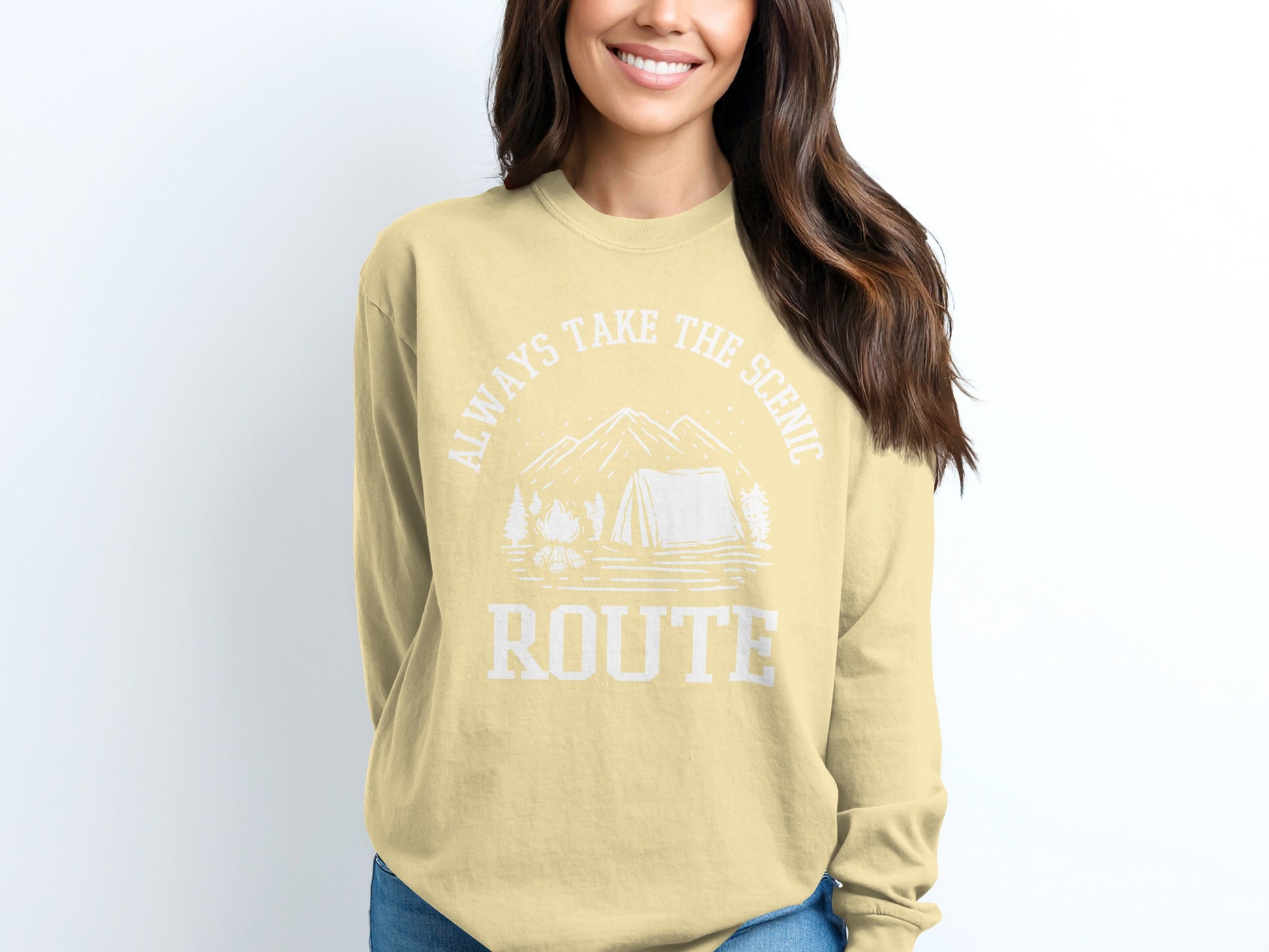 Always Take The Scenic Route Camping Adventure Long Sleeve T-Shirt Long Sleeve Tee - Outdoor & Adventure Collection - Mile Marker 16 Gear by Cloud 16 Clothing Co.