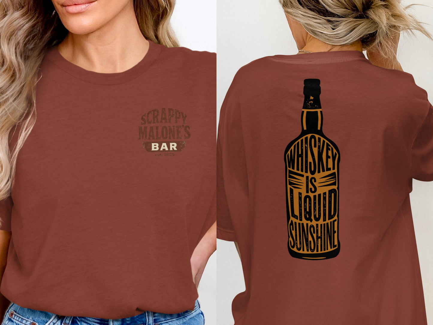Whiskey Is Liquid Sunshine Bottle Design Graphic T-Shirt T-shirt - Scrappy Malone's Bar 100-Proof Humor - Cloud 16 Clothing Co.