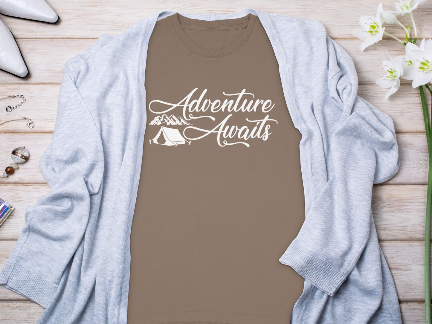 Adventure Awaits printed on t-shirt camping product