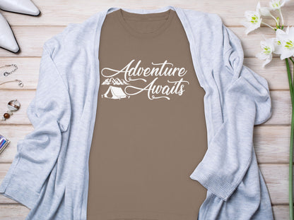 Adventure Awaits printed on t-shirt camping product