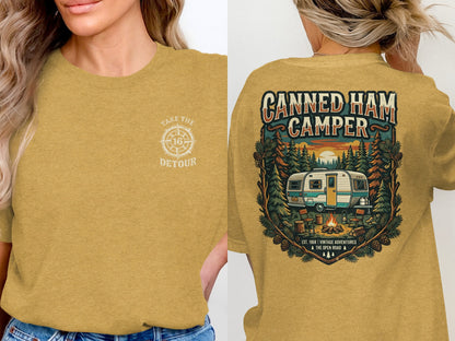 Yellow t-shirt with "Take the Detour" on front, and vintage camper graphic on back.