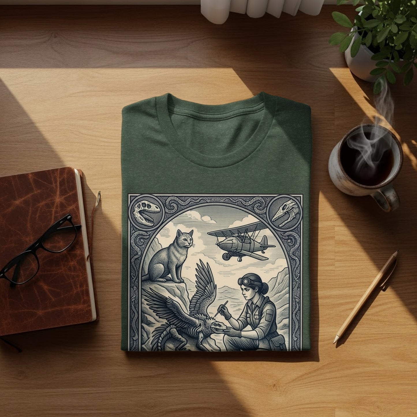 Green t-shirt with vintage illustration of woman, eagle, biplane, and dinosaurs.