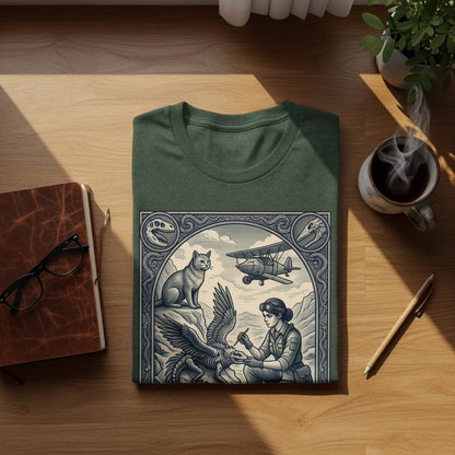 Green t-shirt with vintage illustration of woman, eagle, biplane, and dinosaurs.