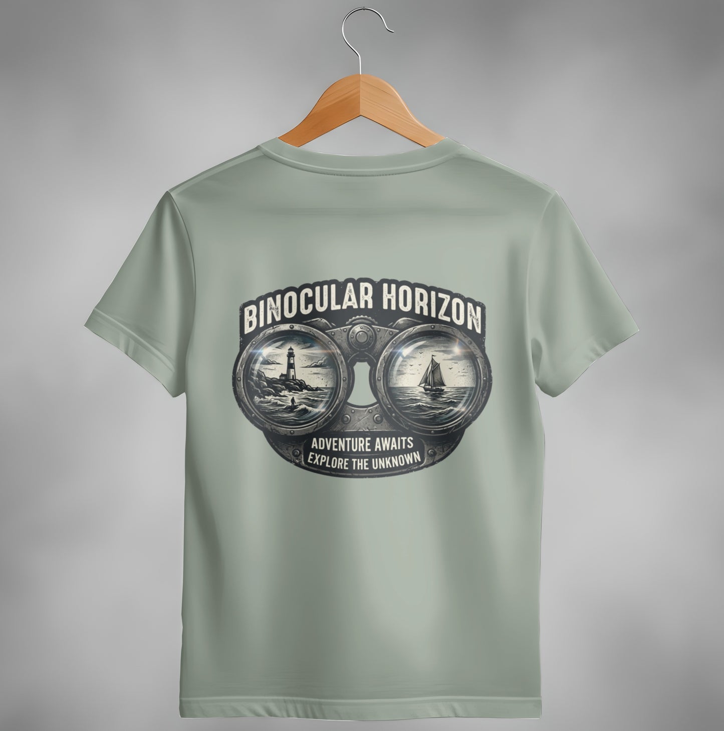 Binocular Horizon graphic with a ship and lighthouse reflected in lenses.