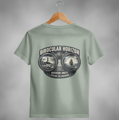 Binocular Horizon graphic with a ship and lighthouse reflected in lenses.