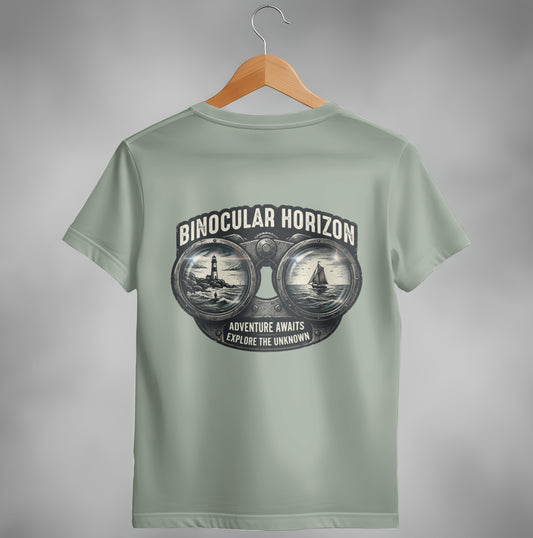 Binocular Horizon graphic with a ship and lighthouse reflected in lenses.