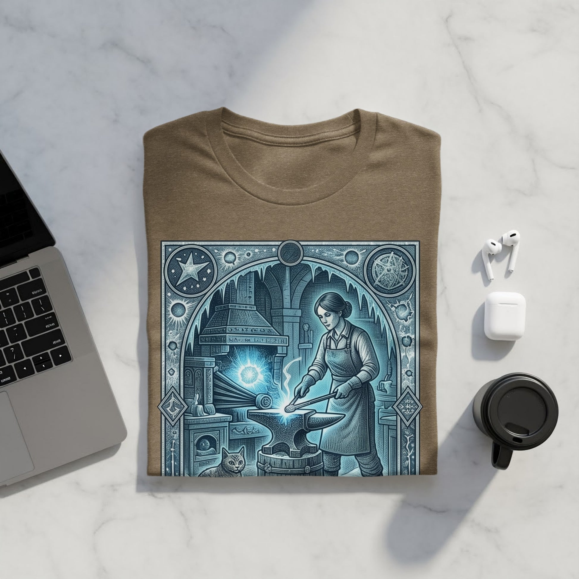 Blacksmith forging metal by hand with cat nearby, detailed illustration on brown t-shirt.