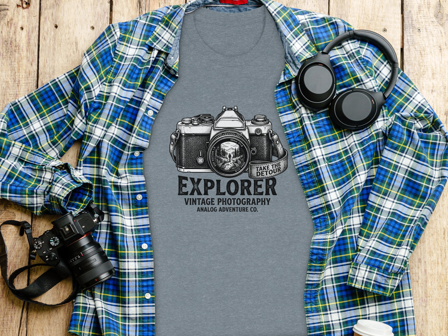 The Analog Explorer's Detour: Backcountry Outpost Shirt: Grey t-shirt with "Explorer Vintage Photography Analog Adventure Co." graphic.