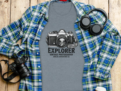 The Analog Explorer's Detour: Backcountry Outpost Shirt: Grey t-shirt with "Explorer Vintage Photography Analog Adventure Co." graphic.