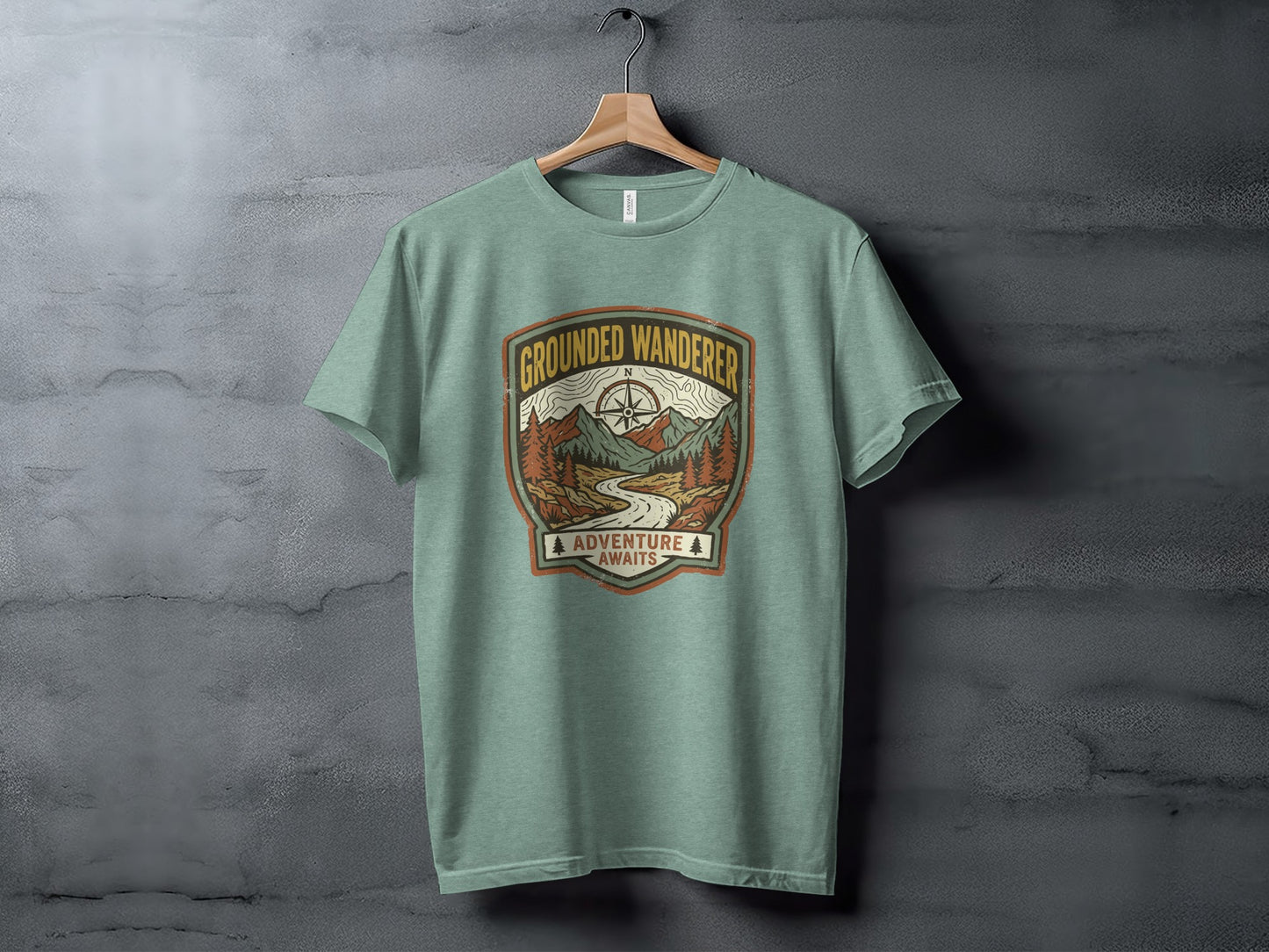 Heritage Grounded Wanderer Adventure Nomad Tee: Green t-shirt with "Grounded Wanderer Adventure Awaits" graphic featuring mountains and road.