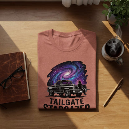 Heritage Cosmic Tailgate Stargazer Nomad Tee: T-shirt with truck, person, and galaxy graphic with text "TAILGATE STARDATEZED".