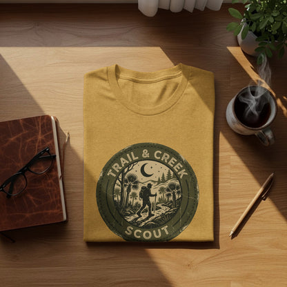 Heritage Trail & Creek Scout Adventure Nomad Tee: Yellow t-shirt with "Trail & Creek Scout" logo featuring a hiker and palm trees.