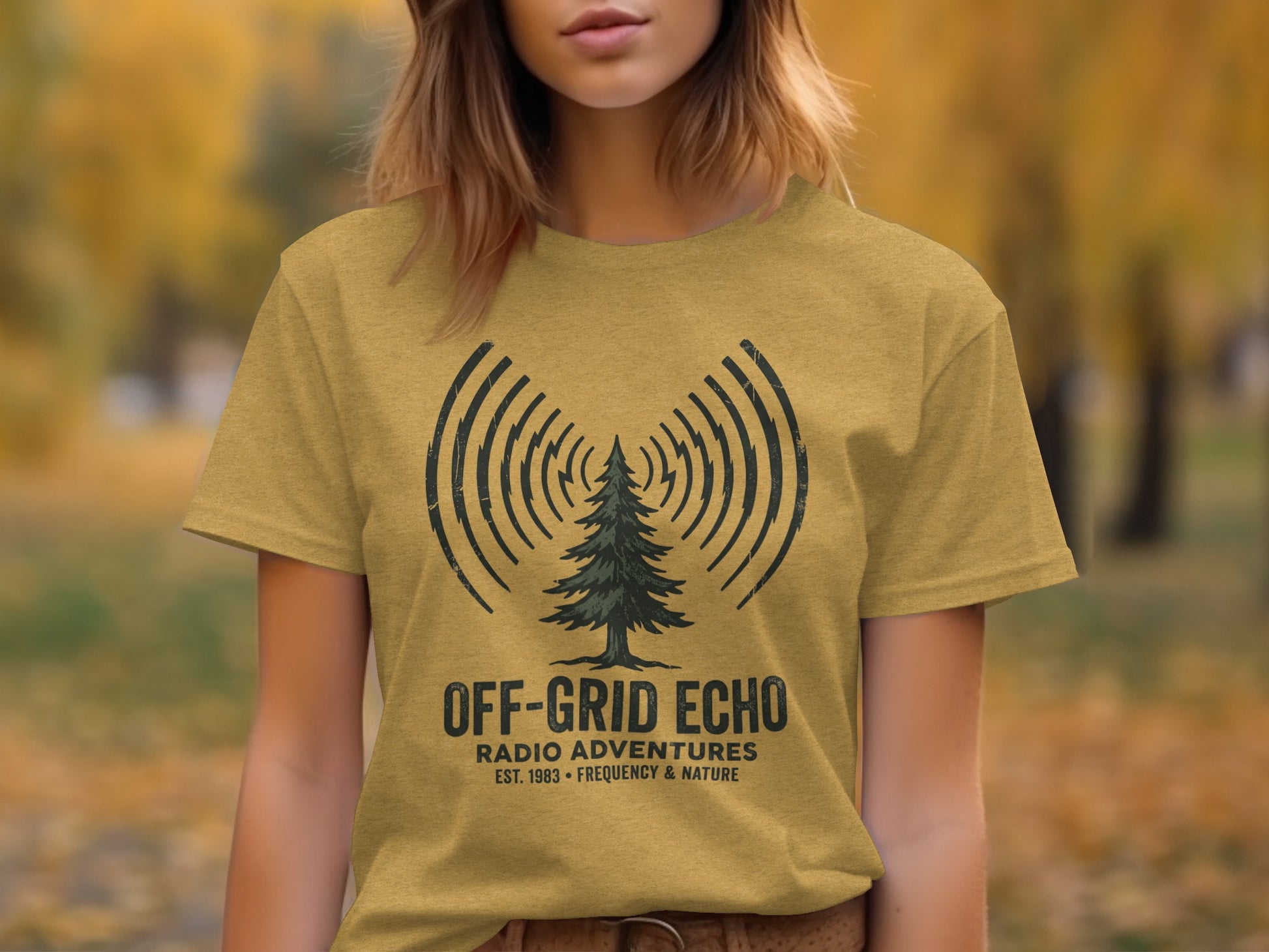 Off-Grid Radio Adventures | Vintage Outdoor Apparel: Yellow t-shirt with "OFF-GRID ECHO RADIO ADVENTURES" and a tree with radio waves.