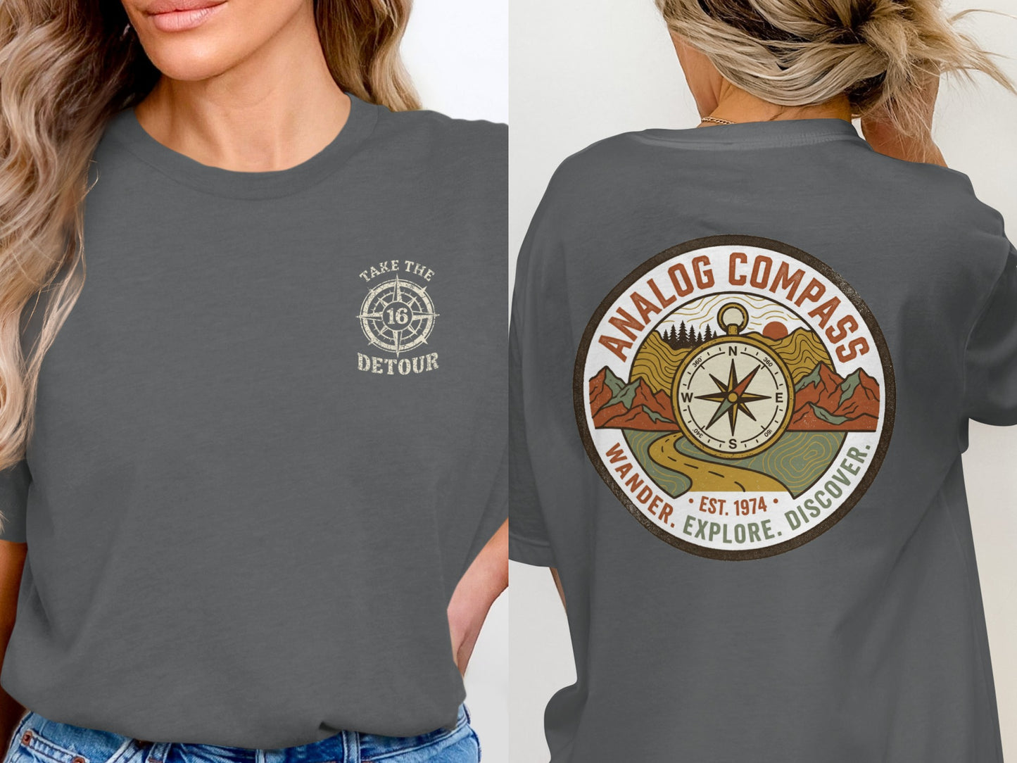 Dark grey t-shirt with "Analog Compass" logo on the back and "Take the Detour" on the front.