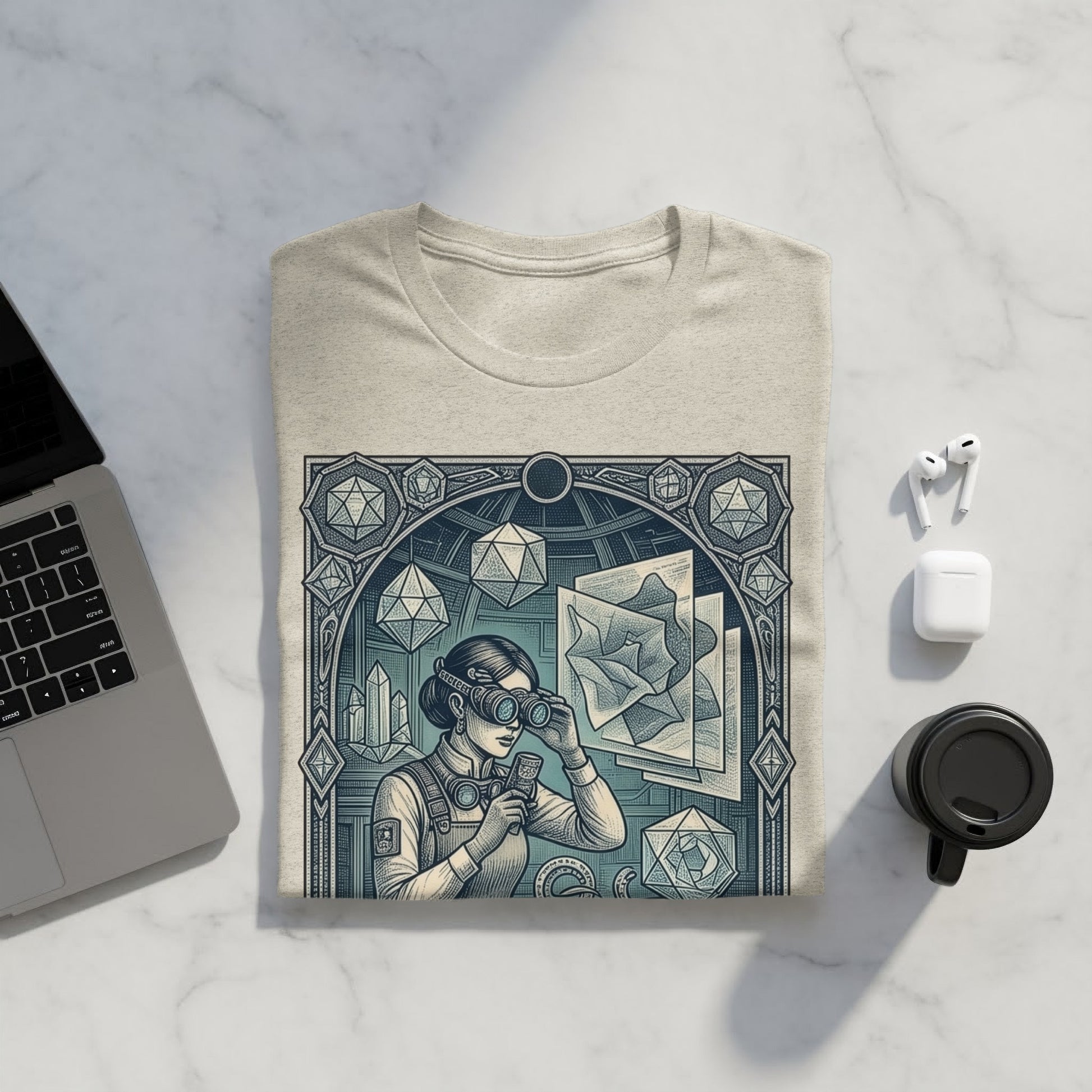 Woman with goggles in geometric art nouveau style, looking through a telescope.