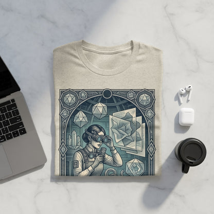 Woman with goggles in geometric art nouveau style, looking through a telescope.