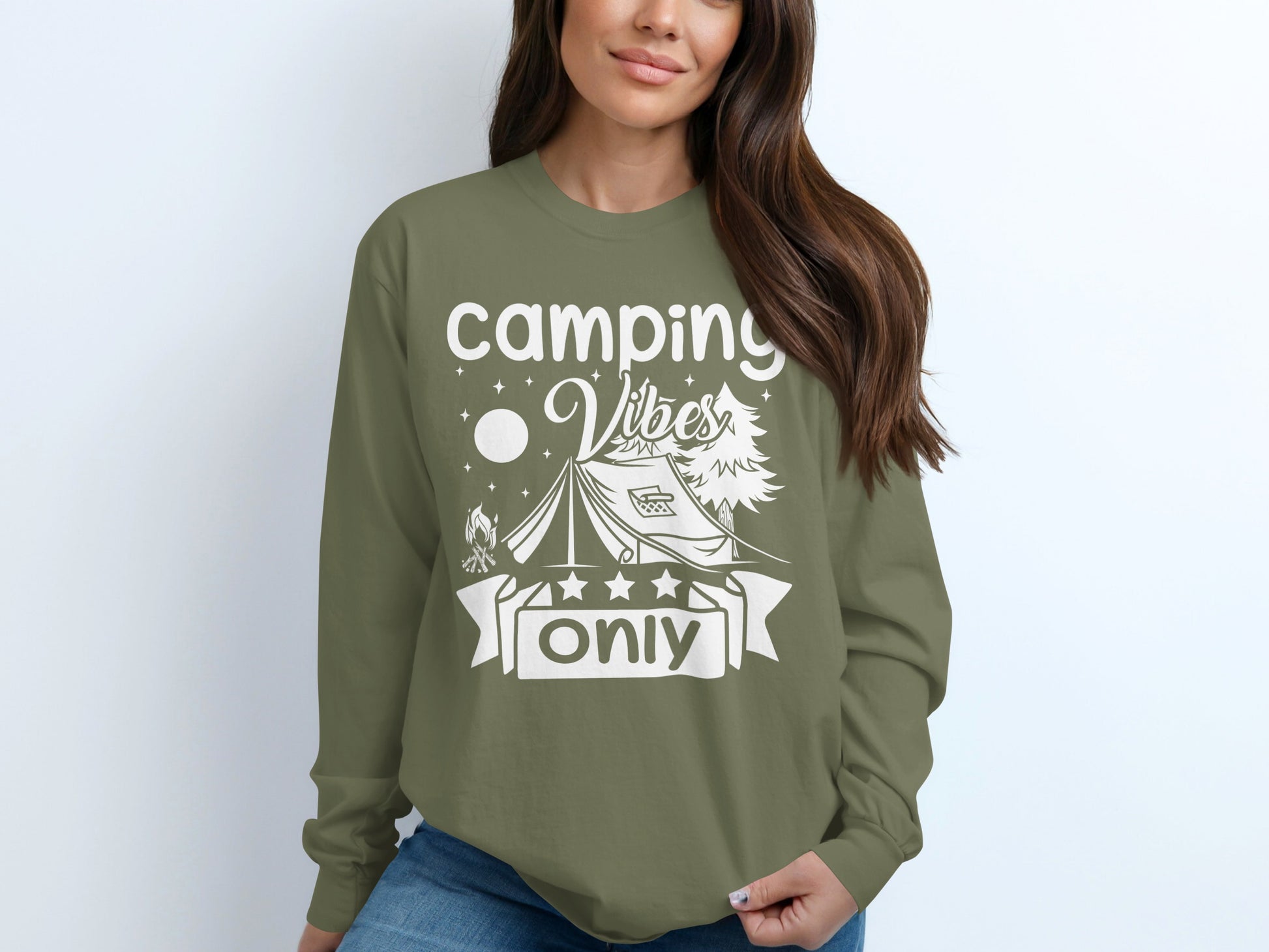 Camping Vibes Stars Only With Tent Graphic Long Sleeve T-Shirt Long Sleeve Tee - Outdoor & Adventure Collection - Mile Marker 16 Gear by Cloud 16 Clothing Co.
