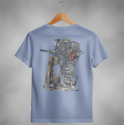 Outboard motor illustration on a light blue t-shirt.