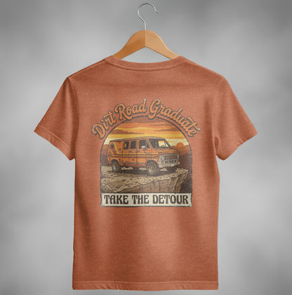 Orange t-shirt with a graphic of a vintage van and "Dirt Road Graduate Take The Detour".
