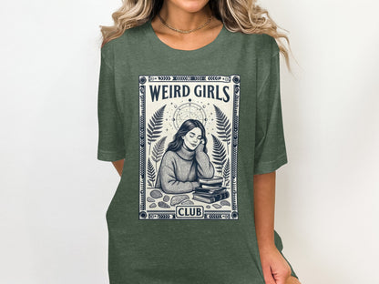 Green t-shirt with "WEIRD GIRLS CLUB" graphic of woman reading books.