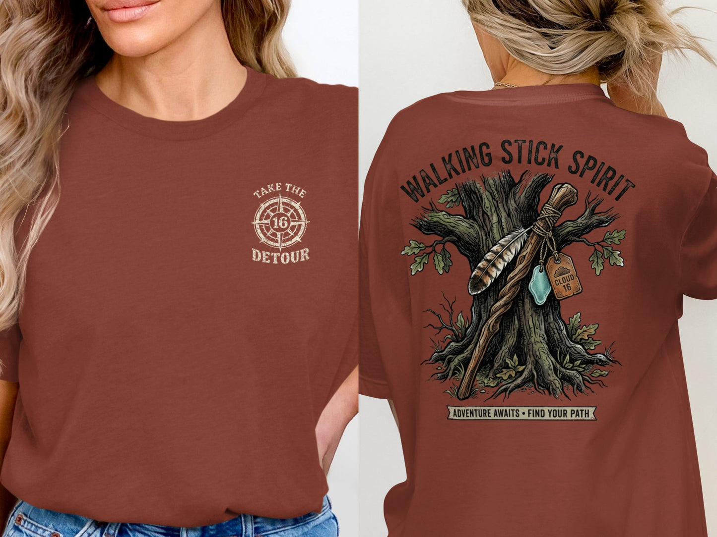 Brown t-shirt with "Take the 16 Detour" on front and "Walking Stick Spirit" on back.